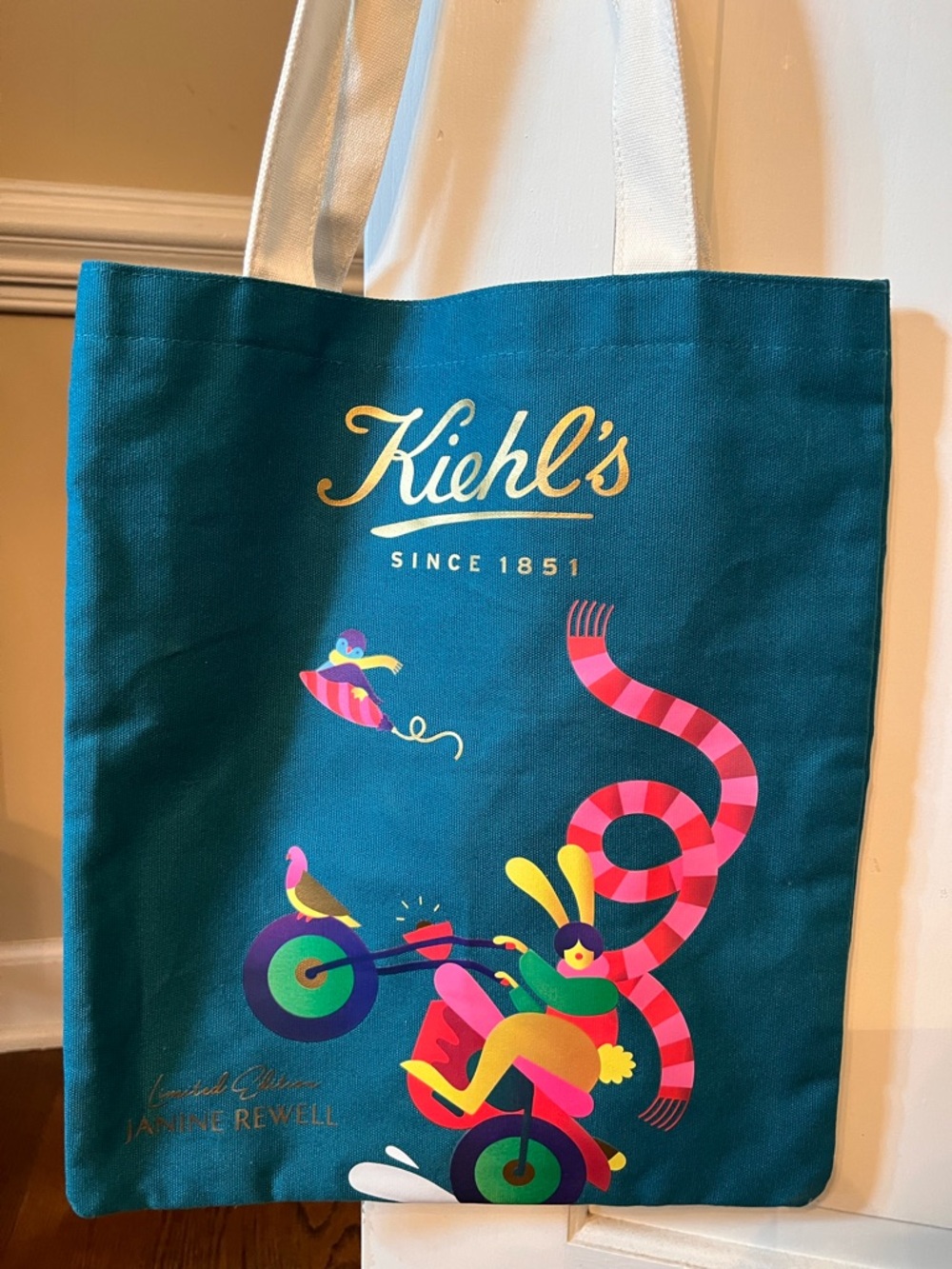 Kiehl's Teal Tote with Pink and Gold Graphic Art